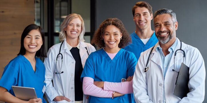 Portrait of happy smiling healthcare team looking at camera Multiethnic group of healthcare professionals smiling and looking at camera. Doctors and nurses posing as a united medical team. Portrait of friendly and successful medical staff showcasing teamwork and professionalism.