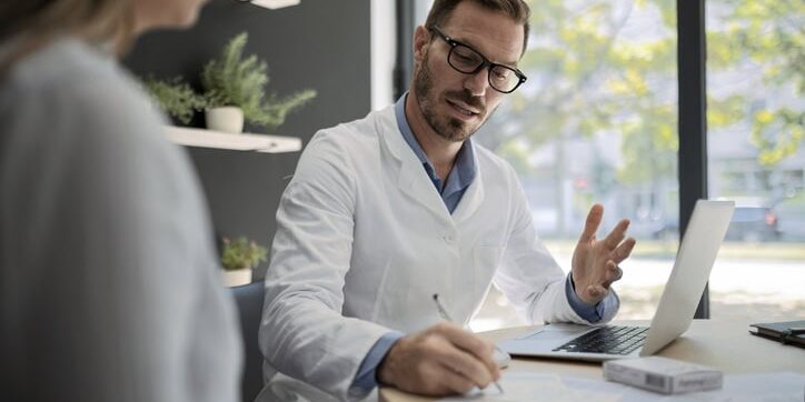 Male doctor writing prescription to a patient in an office working on laptop Young male doctor talking to a patient in an office working on laptop